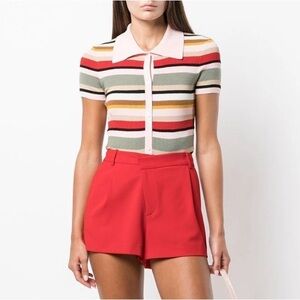 Alice + Olivia Colleen Striped Button Down Polo Shirt in Pink Multi Medium $415